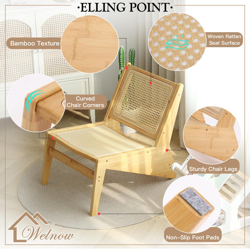 Welnow Mid Century Rattan Accent Chair, Bamboo Wood Lounge Chair with Woven Cane Backrest, Low Armchair for Living Room, Bedroom, Balcony or Reading Corner, Natural - Image 4