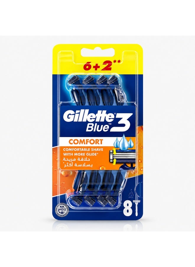 Gillette Blue3 Comfort Razor (6+2) (8 Count), Triple Blade with Lubricating Strip, Enhanced Glide, Smooth & Comfortable Shave