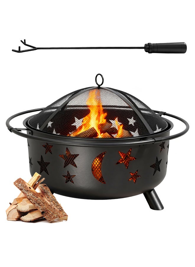 نفس موقد نار خارجي دائري مقاس 30 بوصة مع نجوم، يستخدم لحرق حطب الوقود والفحم للشواء مع غطاء شبكي وموقد نار، من الفولاذ المقاوم للصدأ، للفناء والحديقة والتخييم - Image 1