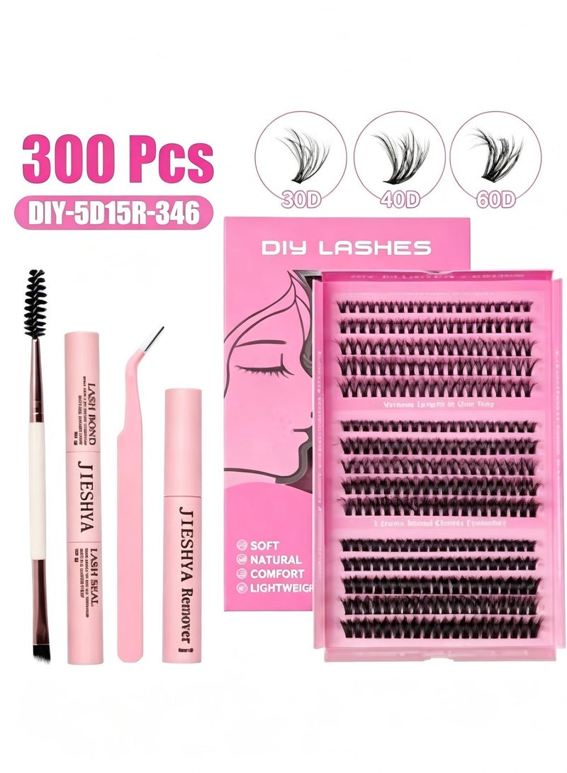 رموش صناعية وكتل رموش، 300 قطعة بكثافات مختلطة 30D 40D 60D، رموش فردية منحنية D، مجموعة تمديد رموش متكاملة مع غراء ومزيل وأدوات، مناسبة للمبتدئين، هدية مثالية لرمضان وعيد الفطر وحفلات الزفاف والمهرجانات والاستخدام اليومي - Image 1