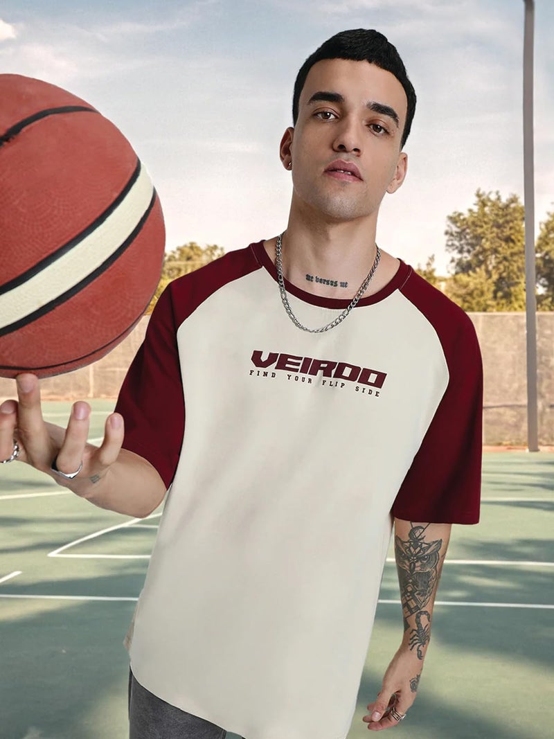 Veirdo® 100% Pure Cotton Oversized Loose Baggy Fit Drop Shoulder Round Neck Cool Front Chest Typographic Logo Printed Raglan Sleeve T-Shirt for Men (OS_VR_BRN_SW_XXL) - Image 2