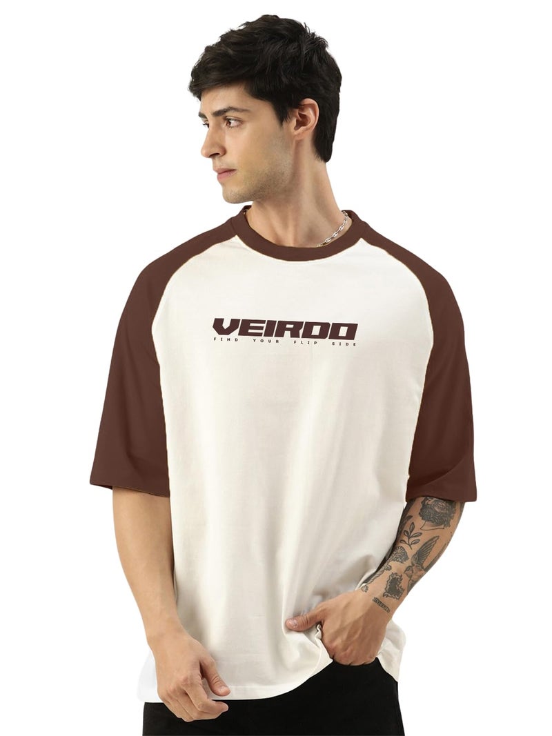 Veirdo® 100% Pure Cotton Oversized Loose Baggy Fit Drop Shoulder Round Neck Cool Front Chest Typographic Logo Printed Raglan Sleeve T-Shirt for Men (OS_VR_BRN_SW_XXL) - Image 1