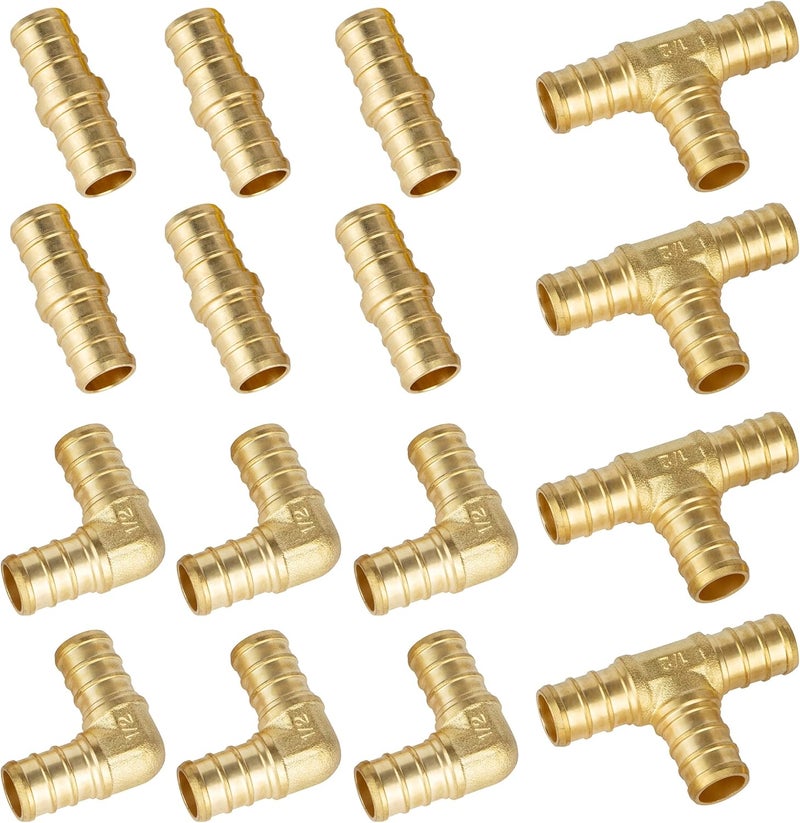 ISPINNER 16pcs 1/2 inch PEX Straight (6pcs) Elbow (6pcs) Tee (4pcs), Lead Free Brass Barb Crimp Pipe Fittings (Pack of 16) - Image 1
