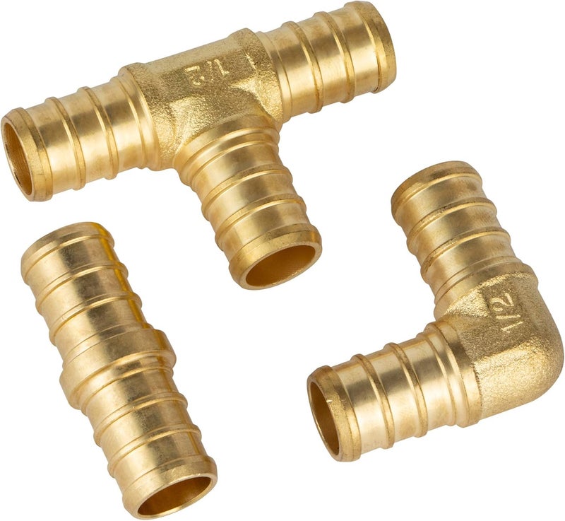 ISPINNER 16pcs 1/2 inch PEX Straight (6pcs) Elbow (6pcs) Tee (4pcs), Lead Free Brass Barb Crimp Pipe Fittings (Pack of 16) - Image 2