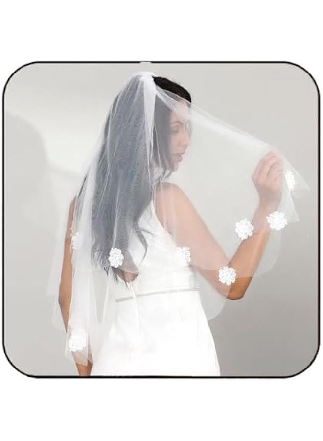 2 Tier Short Bride Wedding Veils Flower Fingertip Bridal Veil Tulle Veils with comb fo Women and Brides  - Image 1