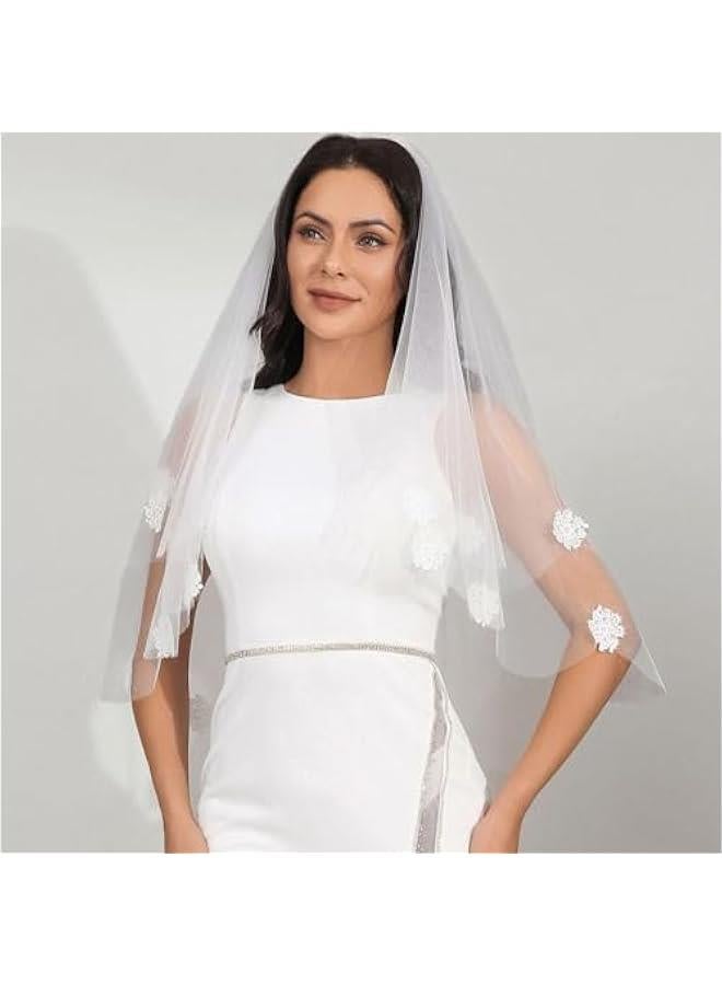 2 Tier Short Bride Wedding Veils Flower Fingertip Bridal Veil Tulle Veils with comb fo Women and Brides  - Image 5