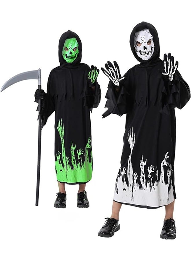 JCB CHIC زي الهالوين غريم ريبر، أزياء الهالوين المخيفة مع المنجل، غطاء الرأس للأطفال، فستان الحفلات التنكرية يتوهج في الظلام (M) - Image 1