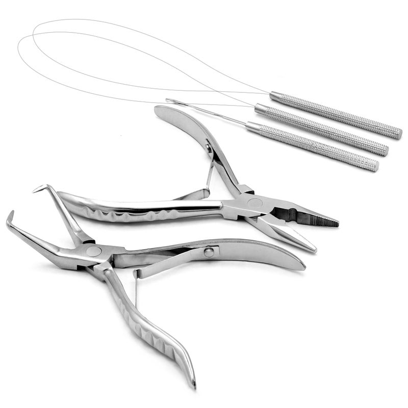 Professional Hair Extension Beading Tool Kit Remove Plier Set for beads 4 Piece ILink Micro Ring Loop Needle Pulling Hook Threader Wire for Silicone Rings Silver
