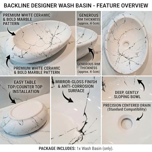 B Backline Ceramic Designer Oval Shape Counter Top/Table Top/Vessel Sink Glossy Finish For Bathroom & Living Room 49 X 32 X 14 Cm (Black White) - Image 2