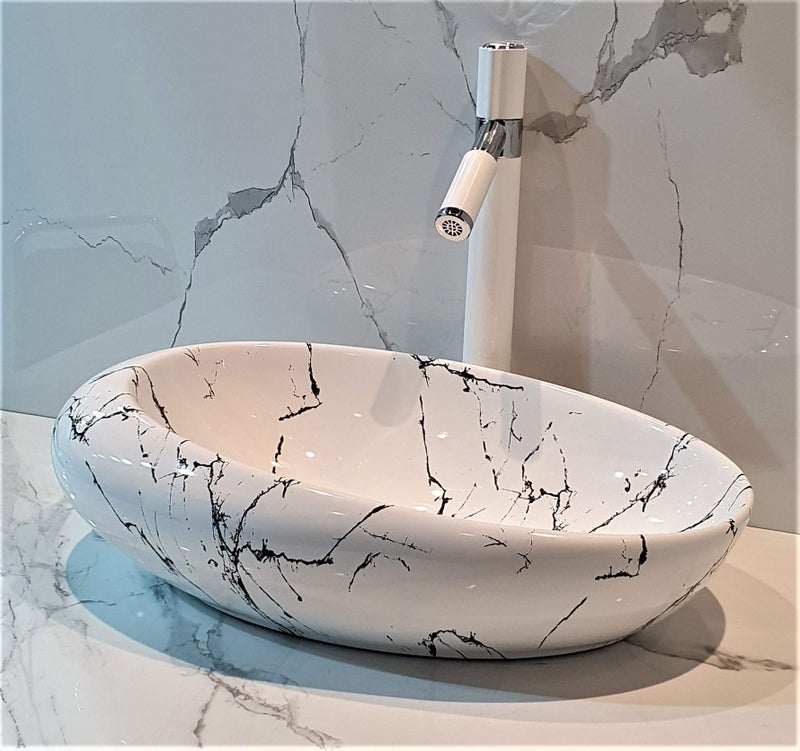 B Backline Ceramic Designer Oval Shape Counter Top/Table Top/Vessel Sink Glossy Finish For Bathroom & Living Room 49 X 32 X 14 Cm (Black White) - Image 1