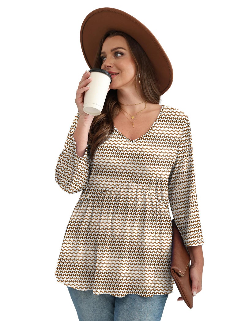 OFEEFAN 3/4 Sleeve Blouses for Women Business Casual Tops for Women Chocolate Brown Fall Clothing Spring Boho Top Maternity Clothes Fashion Clothing V Neck Peplum Tunic Tops M - Image 4