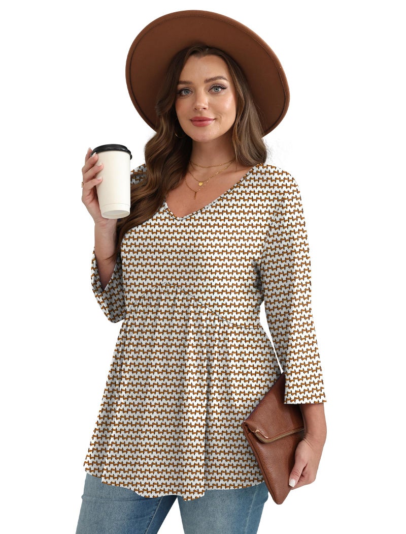 OFEEFAN 3/4 Sleeve Blouses for Women Business Casual Tops for Women Chocolate Brown Fall Clothing Spring Boho Top Maternity Clothes Fashion Clothing V Neck Peplum Tunic Tops M - Image 3