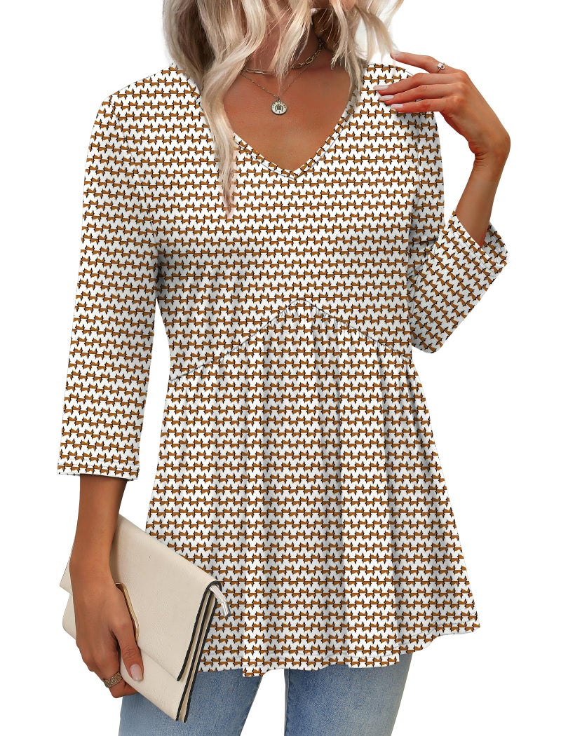 OFEEFAN 3/4 Sleeve Blouses for Women Business Casual Tops for Women Chocolate Brown Fall Clothing Spring Boho Top Maternity Clothes Fashion Clothing V Neck Peplum Tunic Tops M - Image 2