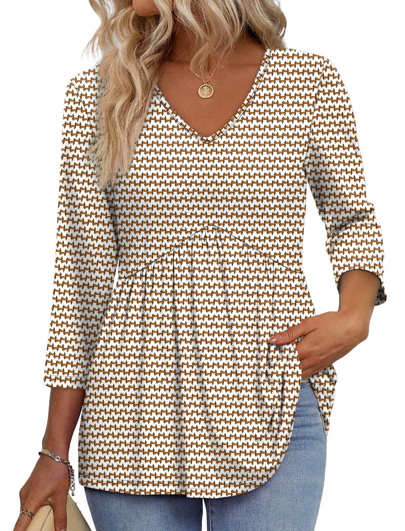 OFEEFAN 3/4 Sleeve Blouses for Women Business Casual Tops for Women Chocolate Brown Fall Clothing Spring Boho Top Maternity Clothes Fashion Clothing V Neck Peplum Tunic Tops M - Image 1