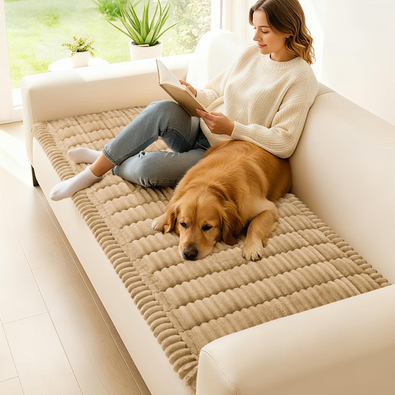 hyha Couch Covers for Dogs Washable, Non Slip Plush Dog Sofa Protectors, Fuzzy Pet Couch Covers for 3 Cushion Sofa Pet Friendly (Camel, 27.6" x 27.6") - Image 2