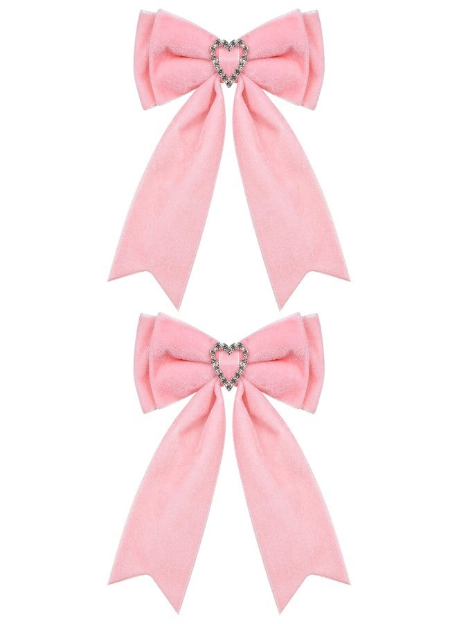 LSVOZ Pink Velvet Hair Bow Clips Girls Bowknot Hair Ribbon Clips Heart Rhinestones Hairpins Hair Accessories for Christmas Valentine's Day - Image 1
