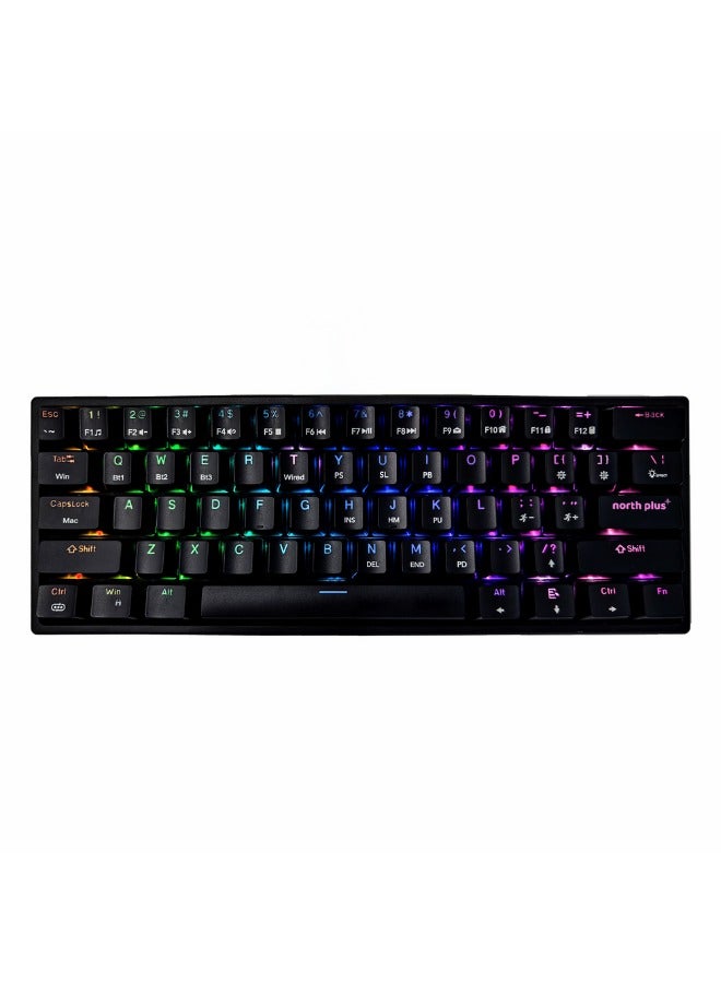 North Plus PHANTOMK301 Mechanical Gaming Keyboard – 61 Keys, Blue Switches, Dual Connectivity (Bluetooth & Type-C), RGB Backlit, Compact & Portable, Portuguese-Designed - Image 1