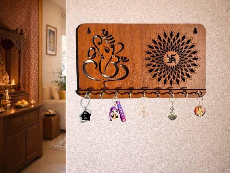 My Dream Carts Ganesha Swastika Chakra Key Holder for Home Decor Item | Stylish Key Hanger Wall Mounted | Handicraft Key Chain Stand | Wooden Keychain Hangers for Office Decoration | Wood Keys Holders - Image 1