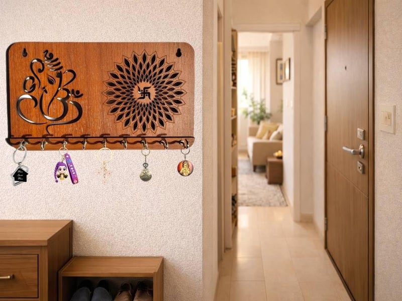 My Dream Carts Ganesha Swastika Chakra Key Holder for Home Decor Item | Stylish Key Hanger Wall Mounted | Handicraft Key Chain Stand | Wooden Keychain Hangers for Office Decoration | Wood Keys Holders - Image 4