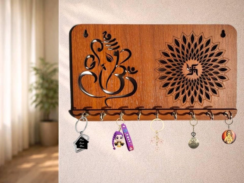 My Dream Carts Ganesha Swastika Chakra Key Holder for Home Decor Item | Stylish Key Hanger Wall Mounted | Handicraft Key Chain Stand | Wooden Keychain Hangers for Office Decoration | Wood Keys Holders - Image 5