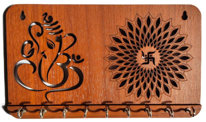 My Dream Carts Ganesha Swastika Chakra Key Holder for Home Decor Item | Stylish Key Hanger Wall Mounted | Handicraft Key Chain Stand | Wooden Keychain Hangers for Office Decoration | Wood Keys Holders - Image 3
