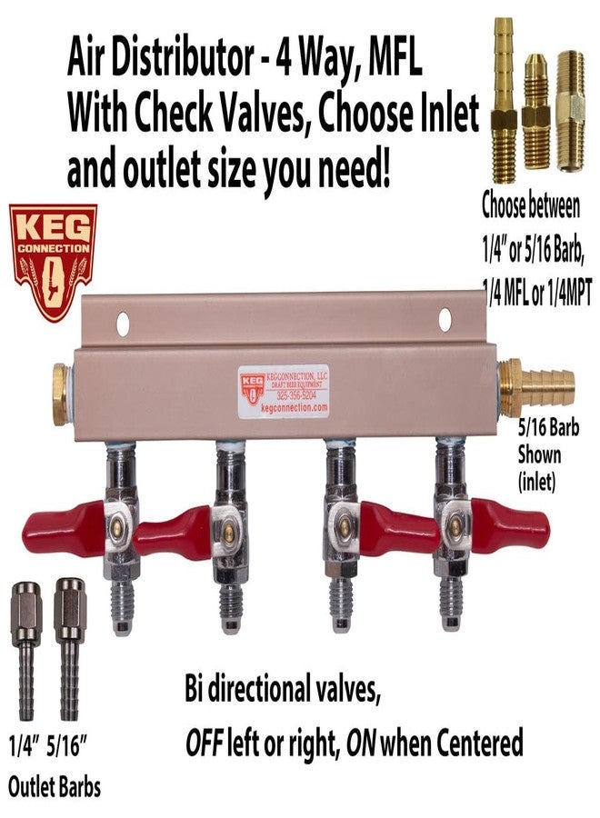 Kegconnection, LLC 4-Way CO2 Air Distributor/Manifold with Integrated Check Valves and MFL Fittings | Perfect for Homebrew Draft Systems & Commercial Kegerators | Includes (4) 5/16 Inch Barbs/Stems & (4) Swivel Nuts - Image 4