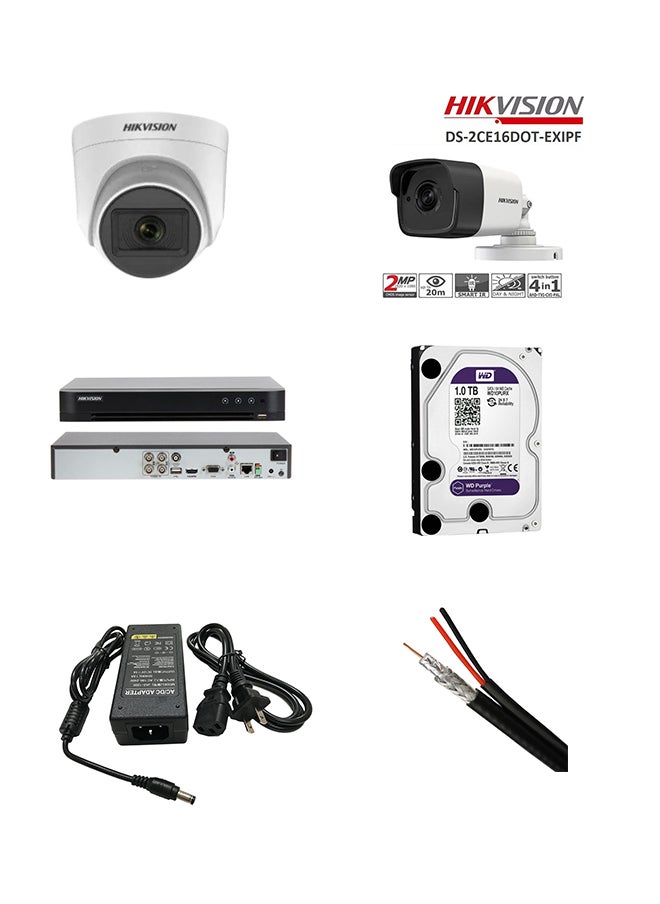 HIKVISION - 2Mp Indoor Fixed 2 Camera + Mini Bullet 2Mp Outdoor Fixed 2 Camera + Hikvision 4-Channel Dvr (Digital Video Recorder) From The Turbo Hd Series. + Wd Hard Drive Specially Designed For Security Video Recording Systems.1Tb (Purple) + Power Adapter 12V 5Amp + Rg59 Cable Coaxial Cable Designed For Use In Video Surveillance (Cctv) Systems. - Image 1
