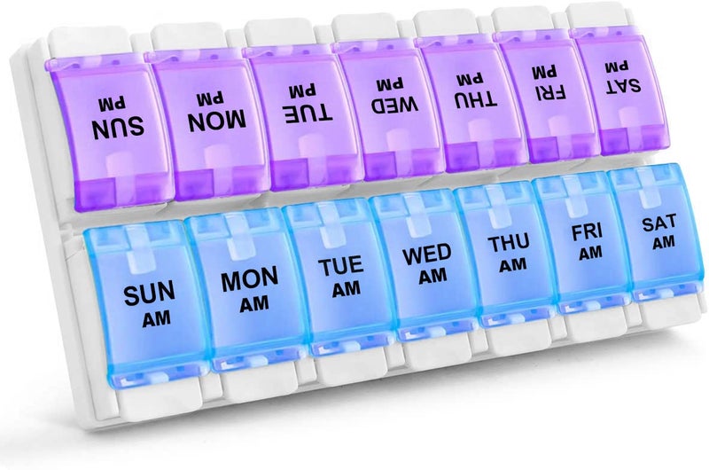 Sukuos Sukuos AM PM Weekly 7 Day Pill Organizer 2 Times A Day Pill Box with Arthritis Friendly Push Button Medicine Cases for VitaminFish OilSupplements Easy to Clean PurpleBlue 