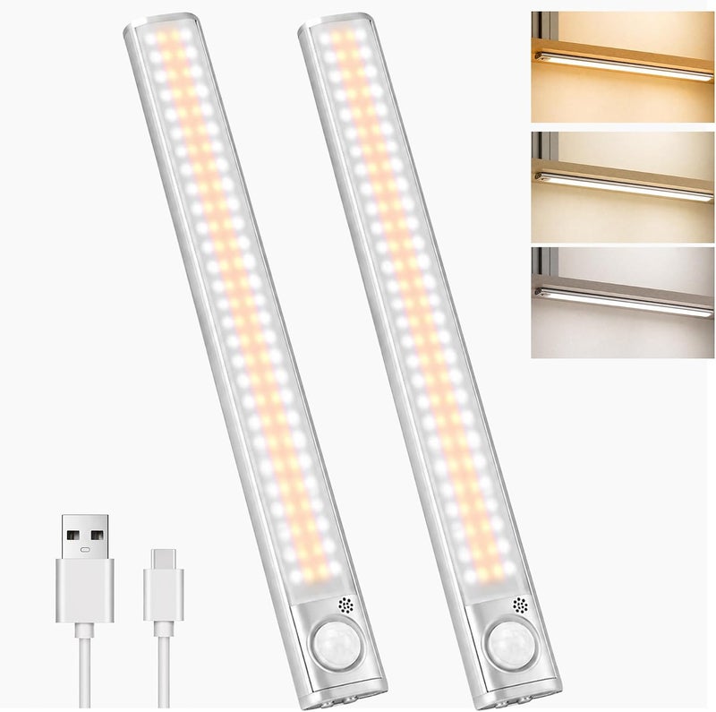 رايتشر مصباح ليلي يعمل بحساس الحركة LED – قابل لإعادة الشحن عبر USB، تركيب مغناطيسي، 3 أوضاع للألوان، ضوء ليلي لاسلكي للمطبخ، غرفة النوم، الخزانة، الدرج، الممر (مصباح مزدوج ثلاثي الألوان 160-LED) - Image 1