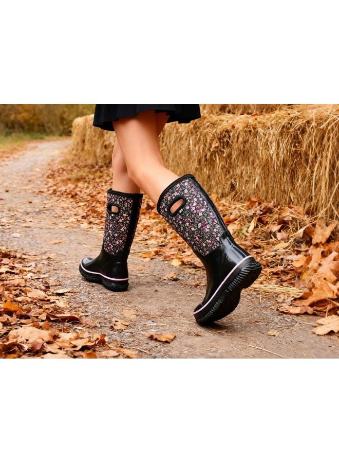 WTW Mid Calf Rain Boots for Women - Waterproof Insulated Neoprene Mud Boots Outdoor Hunting Garden Boots, Floral Print, 6 - Image 2