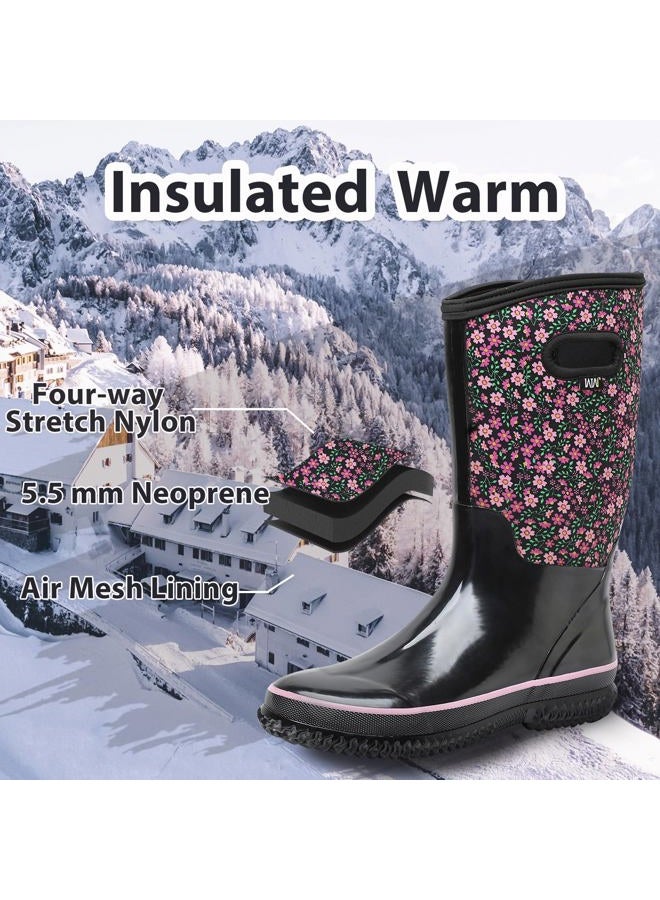 WTW Mid Calf Rain Boots for Women - Waterproof Insulated Neoprene Mud Boots Outdoor Hunting Garden Boots, Floral Print, 6 - Image 4