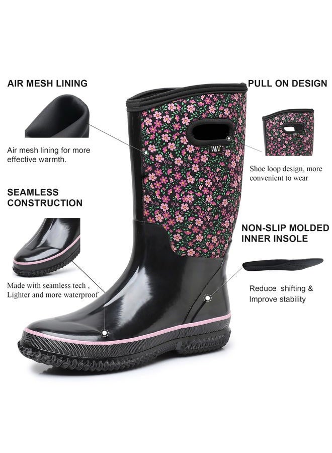 WTW Mid Calf Rain Boots for Women - Waterproof Insulated Neoprene Mud Boots Outdoor Hunting Garden Boots, Floral Print, 6 - Image 3