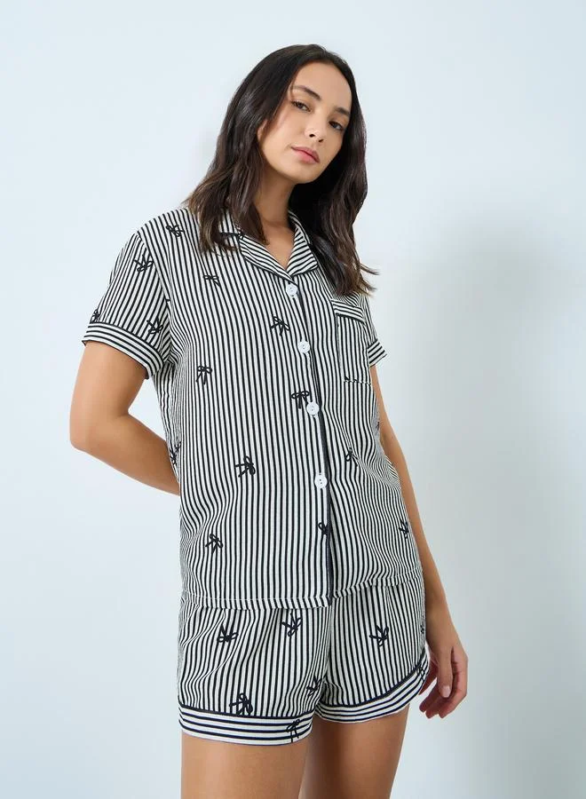 Take Two  Black Striped Bow Print Shirt and Shorts Set for Women | Best Price UAE