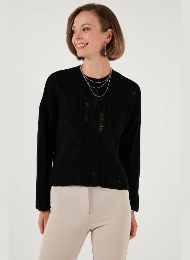 Lela Lela Crew Neck Ripped Pattern Knitted Sweater Women's SWEATER 4616168