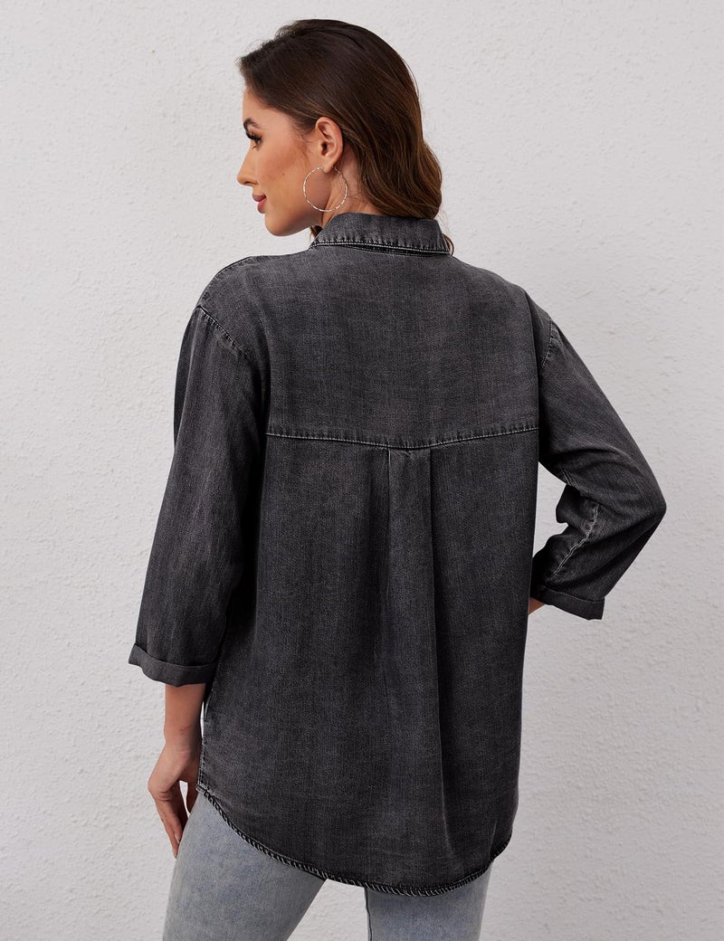 Yimoon Womens Denim Shirts Chambray Button Down Jean Shirt Denim Tencel 3/4 Sleeve Tops - Image 4