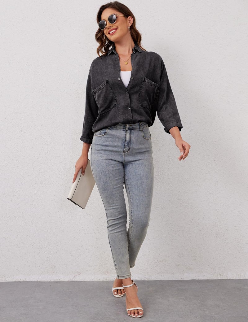 Yimoon Womens Denim Shirts Chambray Button Down Jean Shirt Denim Tencel 3/4 Sleeve Tops - Image 5