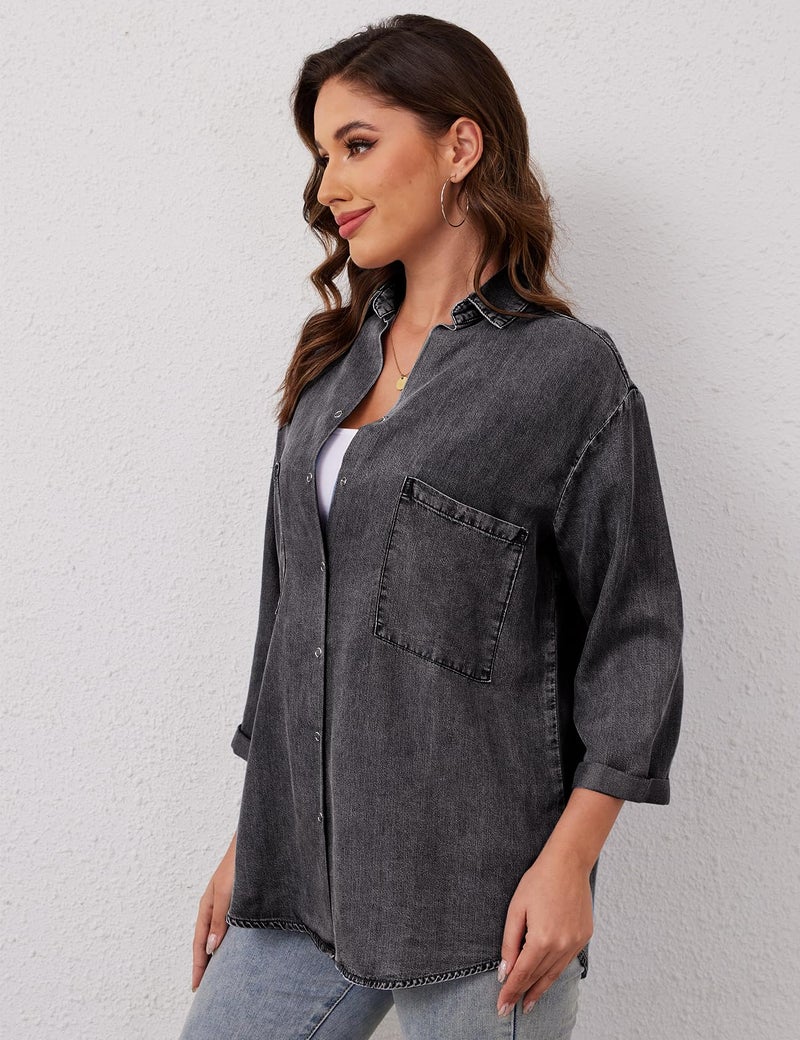 Yimoon Womens Denim Shirts Chambray Button Down Jean Shirt Denim Tencel 3/4 Sleeve Tops - Image 3