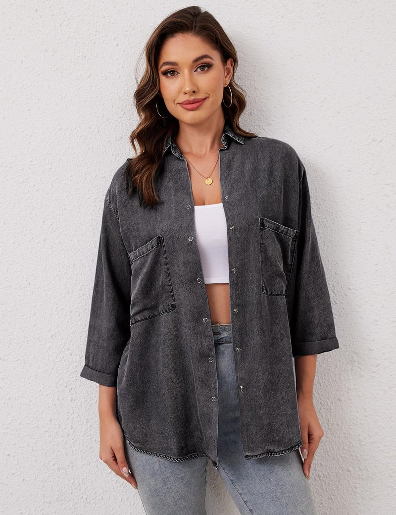 Yimoon Womens Denim Shirts Chambray Button Down Jean Shirt Denim Tencel 3/4 Sleeve Tops - Image 2