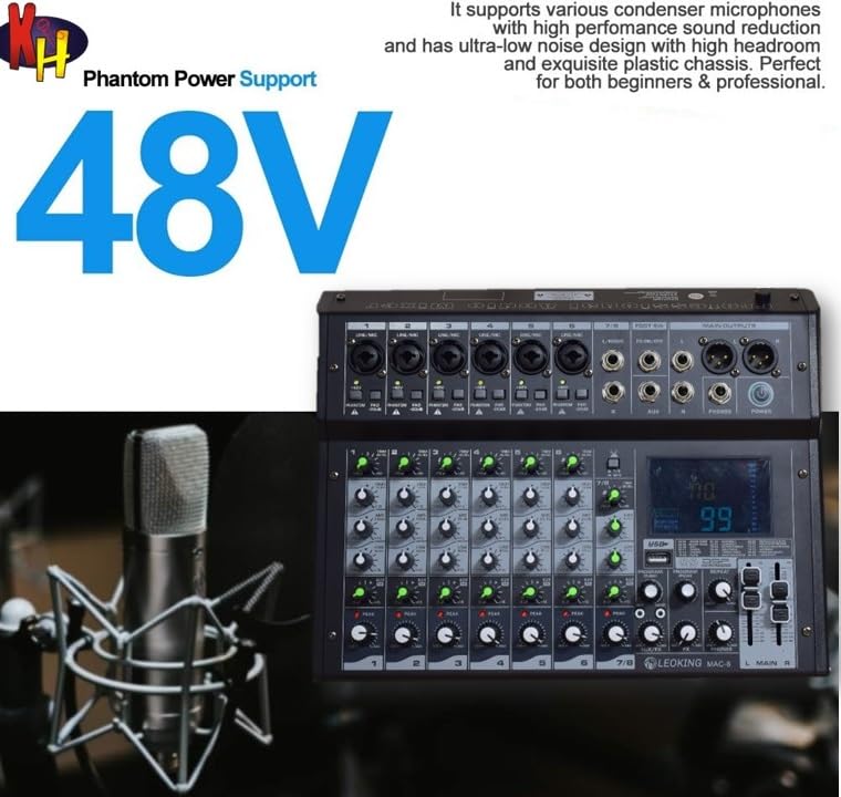 K-H 8 Channel Audio Mixer (6 Mic + 2 Stereo Input) Interface Sound Board Mixing Console 99 DSP DJ Mixer Audio Reverb Effect +48V Phantom & PAD Switch on each channel, BT/USB/REC, Inbuilt Sound Card - Image 3