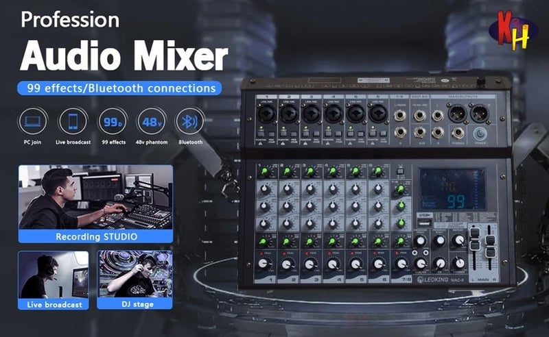 K-H 8 Channel Audio Mixer (6 Mic + 2 Stereo Input) Interface Sound Board Mixing Console 99 DSP DJ Mixer Audio Reverb Effect +48V Phantom & PAD Switch on each channel, BT/USB/REC, Inbuilt Sound Card - Image 5