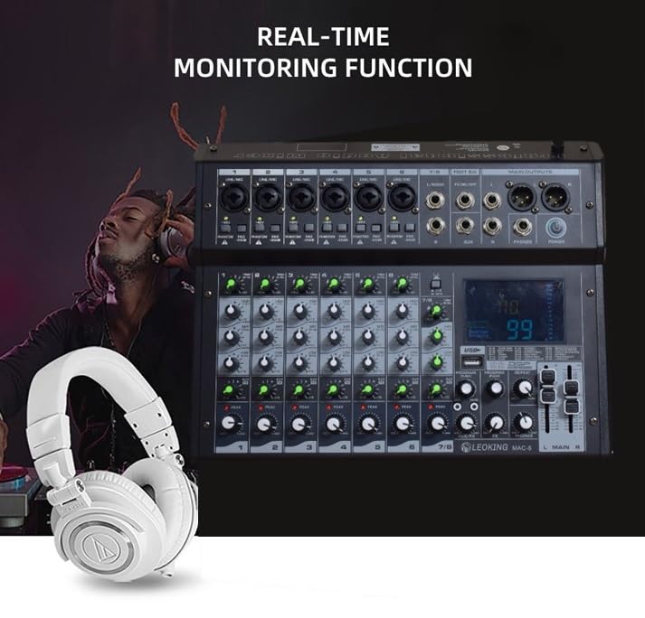 K-H 8 Channel Audio Mixer (6 Mic + 2 Stereo Input) Interface Sound Board Mixing Console 99 DSP DJ Mixer Audio Reverb Effect +48V Phantom & PAD Switch on each channel, BT/USB/REC, Inbuilt Sound Card - Image 4