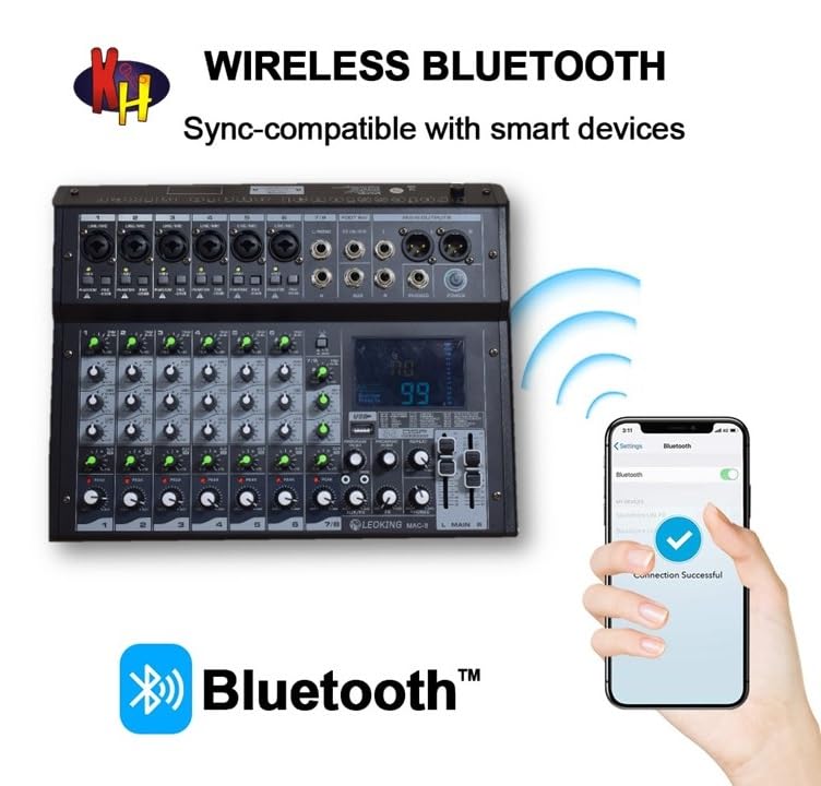 K-H 8 Channel Audio Mixer (6 Mic + 2 Stereo Input) Interface Sound Board Mixing Console 99 DSP DJ Mixer Audio Reverb Effect +48V Phantom & PAD Switch on each channel, BT/USB/REC, Inbuilt Sound Card - Image 1