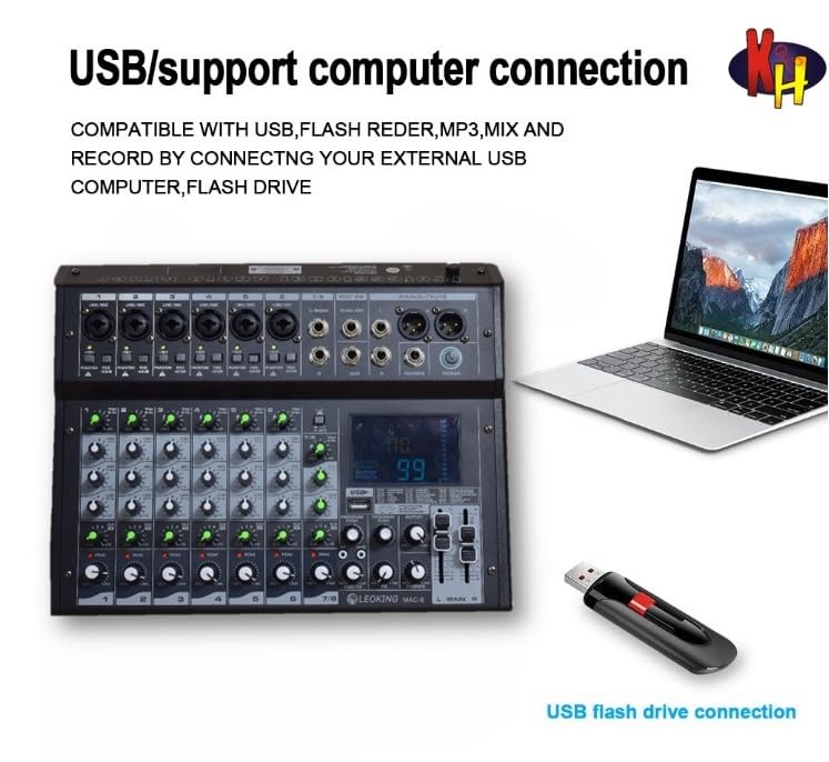 K-H 8 Channel Audio Mixer (6 Mic + 2 Stereo Input) Interface Sound Board Mixing Console 99 DSP DJ Mixer Audio Reverb Effect +48V Phantom & PAD Switch on each channel, BT/USB/REC, Inbuilt Sound Card - Image 2