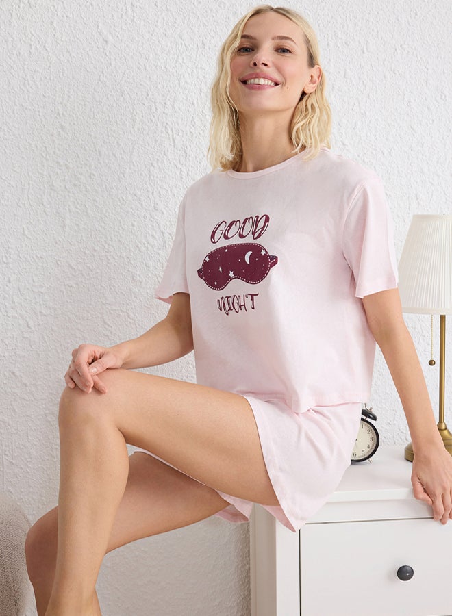 trendyol Pink % Cotton Slogan Printed Knitted Pajama Set with Shorts - Image 1