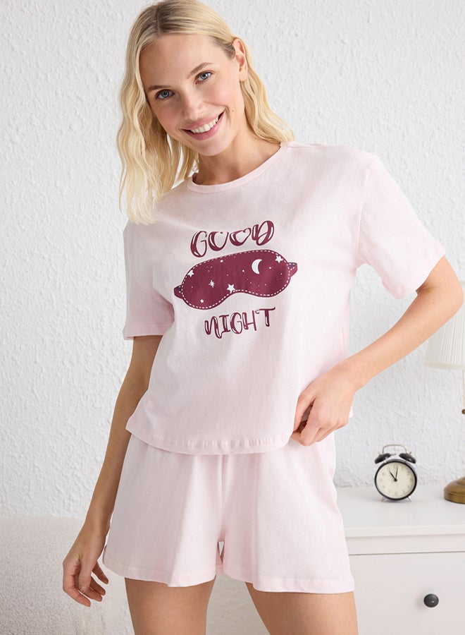 trendyol Pink % Cotton Slogan Printed Knitted Pajama Set with Shorts - Image 2