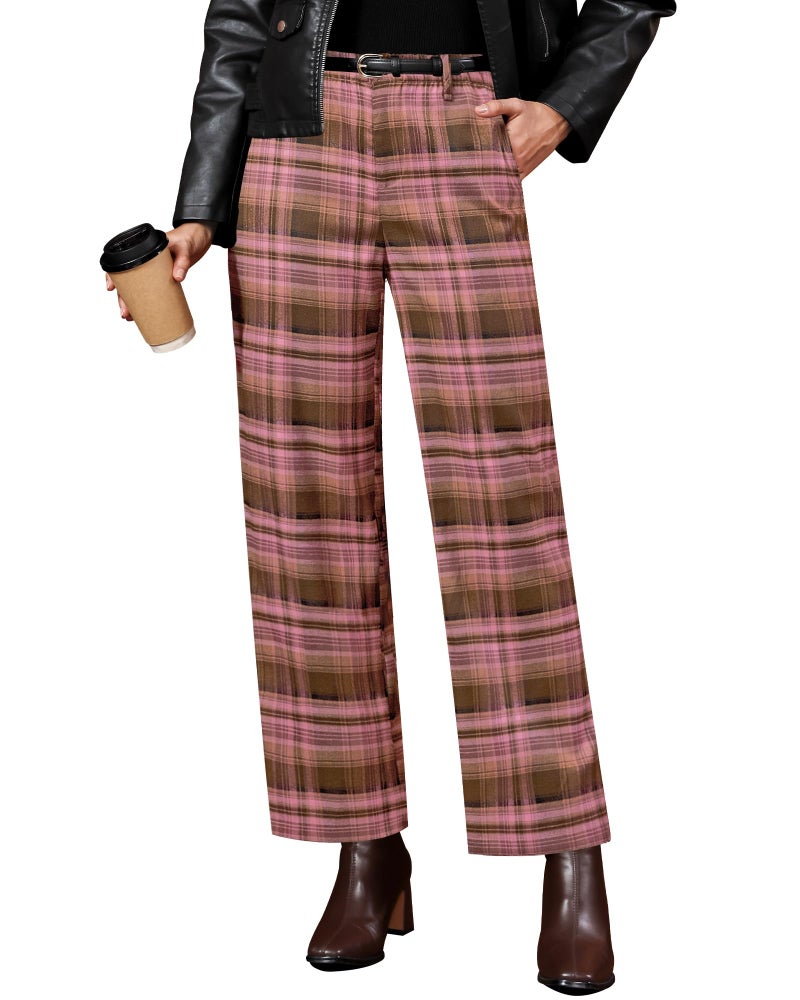 GRAPENT Plaid Trousers for Women Wide Leg Plus Size Pants Dress Work Slacks Checkered Plaid Pants, Brown & Pink, 2XL, US Size 20 to 22 - Image 1