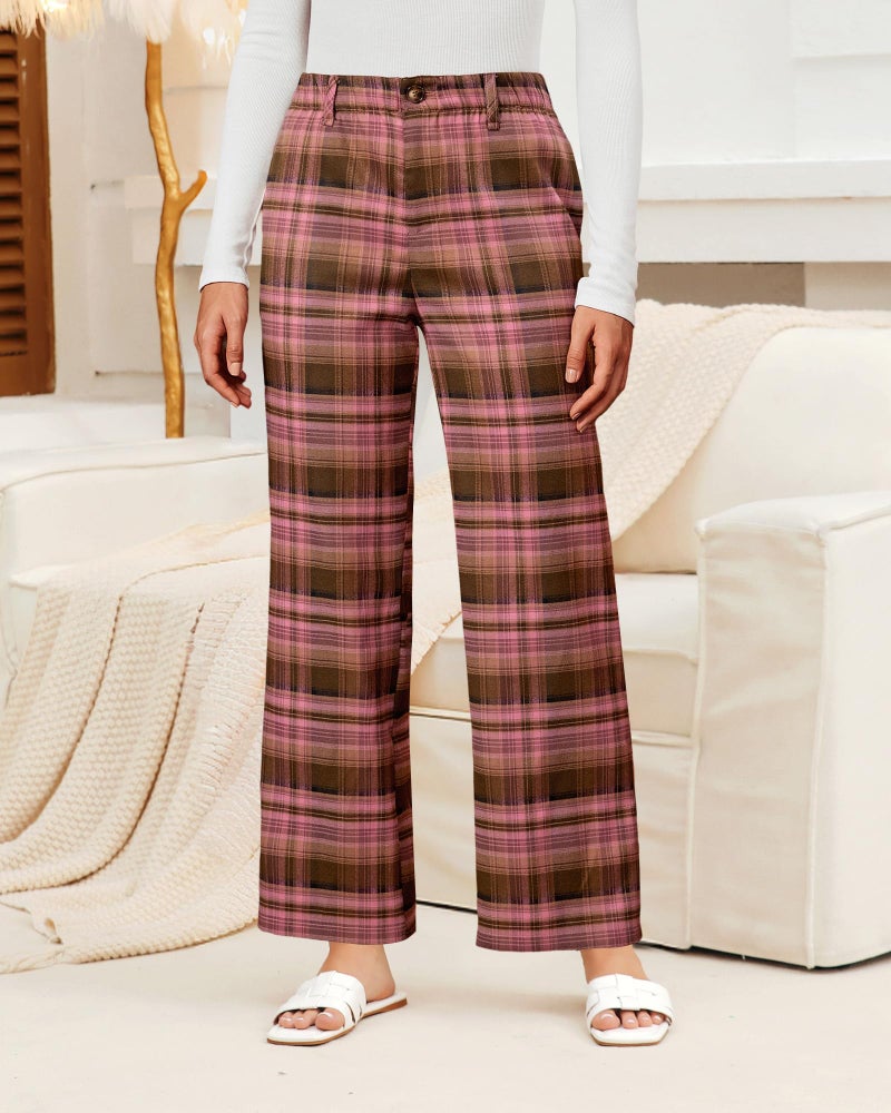 GRAPENT Plaid Trousers for Women Wide Leg Plus Size Pants Dress Work Slacks Checkered Plaid Pants, Brown & Pink, 2XL, US Size 20 to 22 - Image 3
