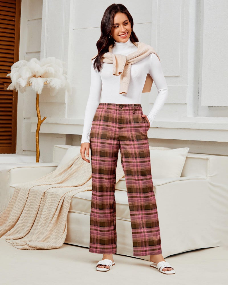 GRAPENT Plaid Trousers for Women Wide Leg Plus Size Pants Dress Work Slacks Checkered Plaid Pants, Brown & Pink, 2XL, US Size 20 to 22 - Image 5