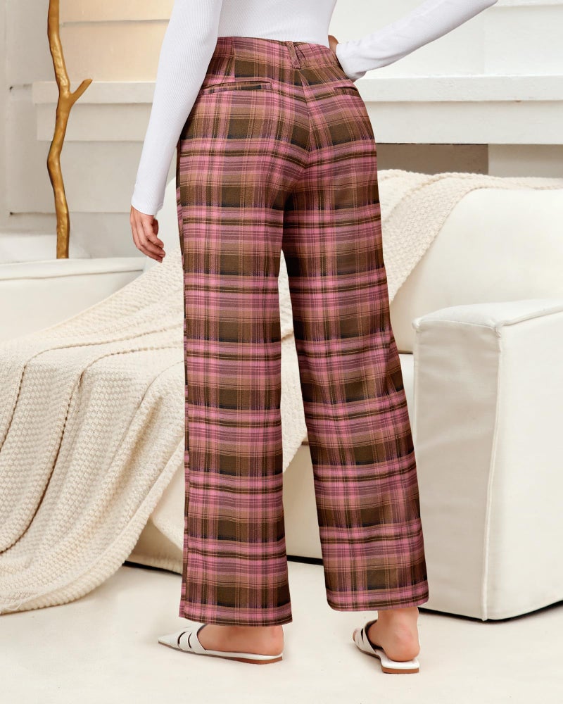 GRAPENT Plaid Trousers for Women Wide Leg Plus Size Pants Dress Work Slacks Checkered Plaid Pants, Brown & Pink, 2XL, US Size 20 to 22 - Image 4