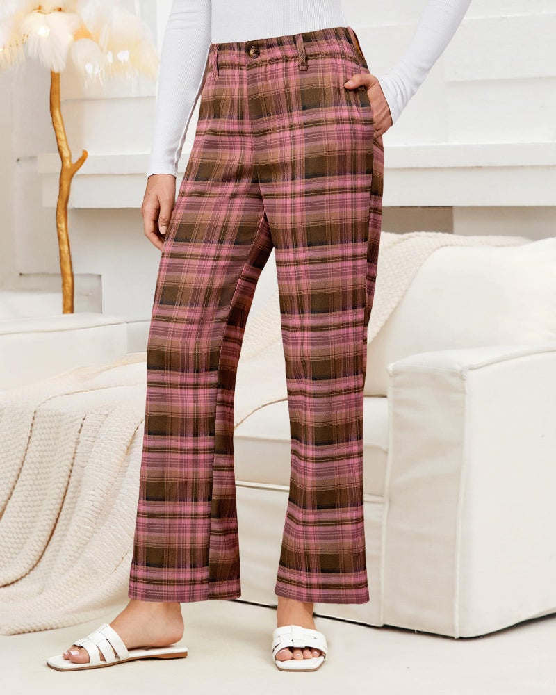 GRAPENT Plaid Trousers for Women Wide Leg Plus Size Pants Dress Work Slacks Checkered Plaid Pants, Brown & Pink, 2XL, US Size 20 to 22 - Image 2